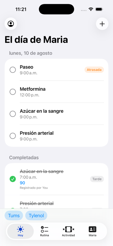 La app Tutti mostrando la rutina de cuidado de hoy, con medicamentos y mediciones marcados a medida que se completan