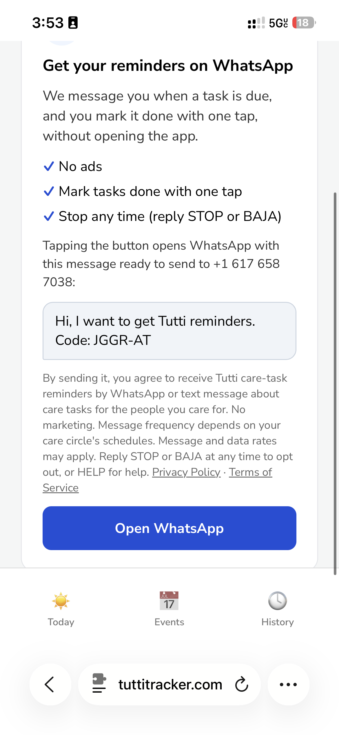 The Tutti WhatsApp reminders screen in English: the number +1 617 658 7038, the pre-filled message with a one-time code, the consent text with Privacy Policy and Terms links, and an Open WhatsApp button.