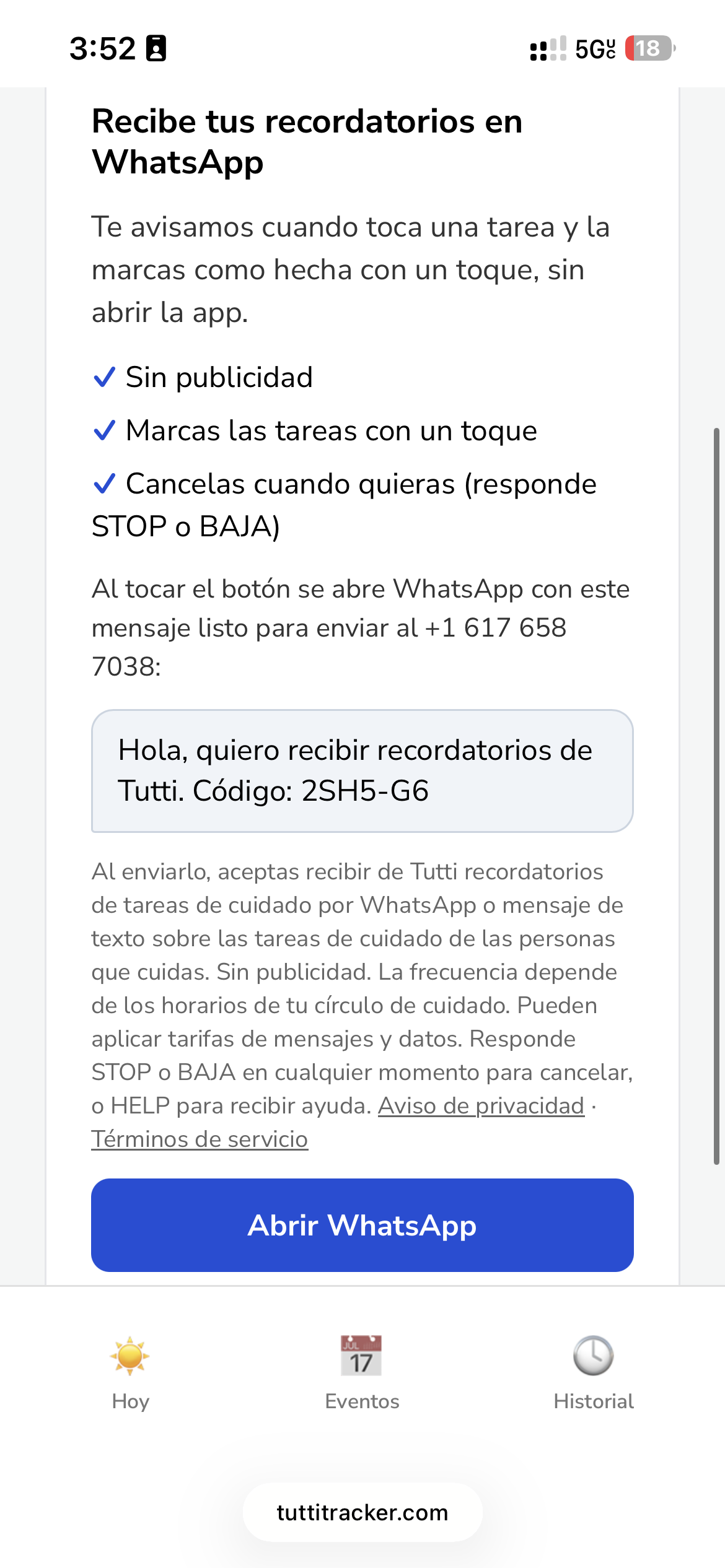 La pantalla de recordatorios por WhatsApp de Tutti en español: el número +1 617 658 7038, el mensaje prellenado con un código de un solo uso, el consentimiento con enlaces al Aviso de privacidad y los Términos, y el botón Abrir WhatsApp.